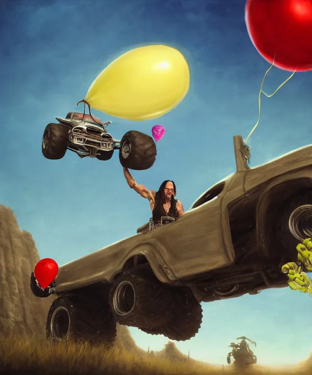 Image similar to danny trejo, cinematic, driving monster truck grave digger, holding a balloon elegant, highly detailed, digital painting, artstation, smooth, hard focus, illustration, art by jessica rossier and and brian froud