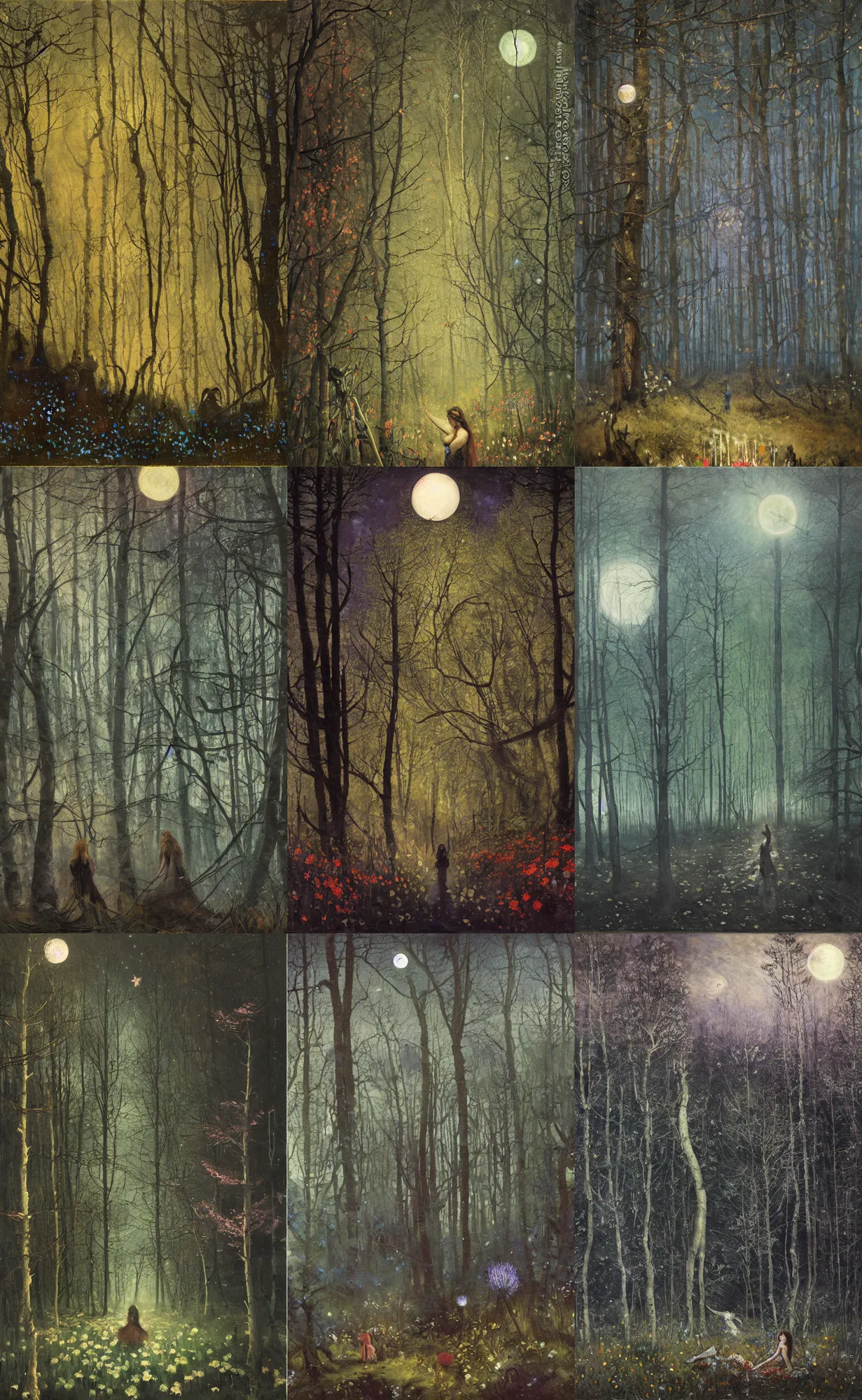 Prompt: painterly dreamy dark midnight forest with trees, flowers, birds, barely seen women, liana, thistle and sky with moon and stars by Mikhail Vrubel, Alexei Savrasov, Aron Wiesenfeld, Ivan Kramskoi, Isaac Levitan, dark fantasy, witcher, very detailed oil painting in the alla prima style, masterpiece, 8k