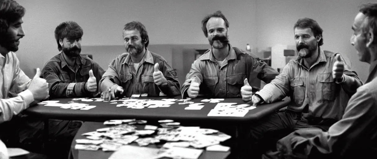 Prompt: a high quality extreme wide establishing shot hd 4 k film 3 5 mm color photograph of a group of grizzled caucasian male civilian military contractors sitting at a square table playing cards in a dimly lit breakroom smoking ciggarettes, one of them gives a sarcastic thumbs up towards the camera in 1 9 8 2