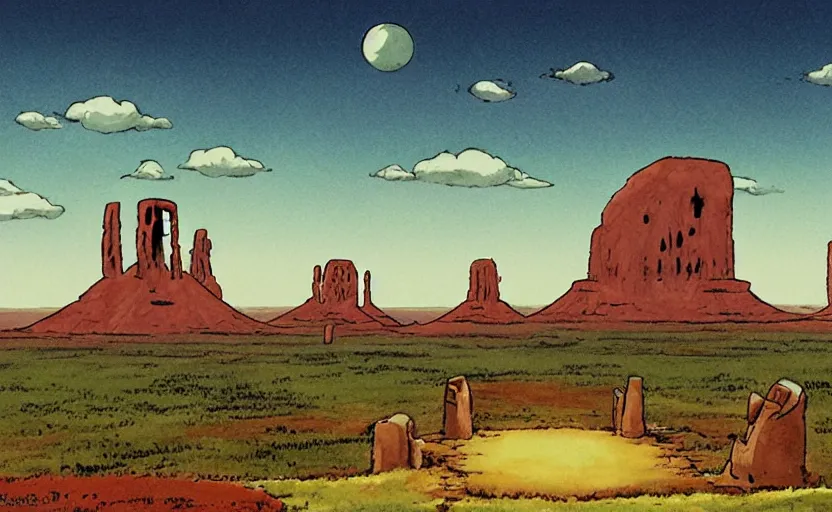 Image similar to a cell - shaded studio ghibli concept art from paprika ( 2 0 0 6 ) of a ufo from independence day ( 1 9 9 6 ) is shining a spotlight on a lush temple that looks like monument valley stonehenge jungle on a misty starry night. a giant camel is in the foreground. very dull colors, hd, 4 k, hq