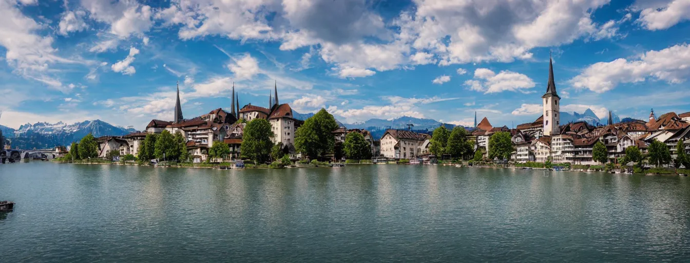 Image similar to Photo of Zurich, in the Alps, Limmat at the lake, Hardturm, Grossmünster, wide angle, volumetric light, hyperdetailed, light blue water, artstation, cgsociety, 8k