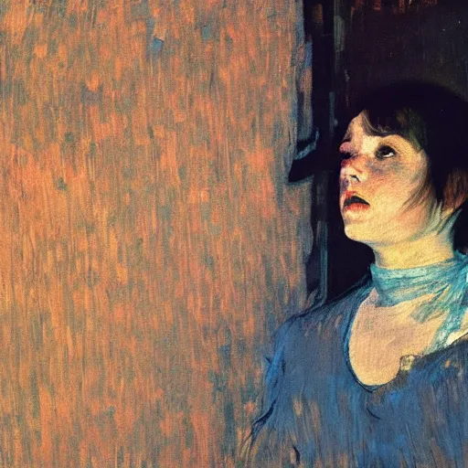 Image similar to palette knife oil painting portrait of a girl in a room, film still by goya, by henri de toulouse - lautrec, extreme detail, liminal aesthetic, artgerm, deviant art, octane, substance, art history 8 k, art nouveau