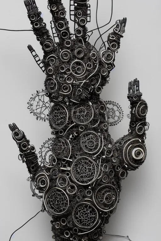 Prompt: cybernetic robotic hand made of intricate gears, wires and ceramics, engraved with sanskrit writing