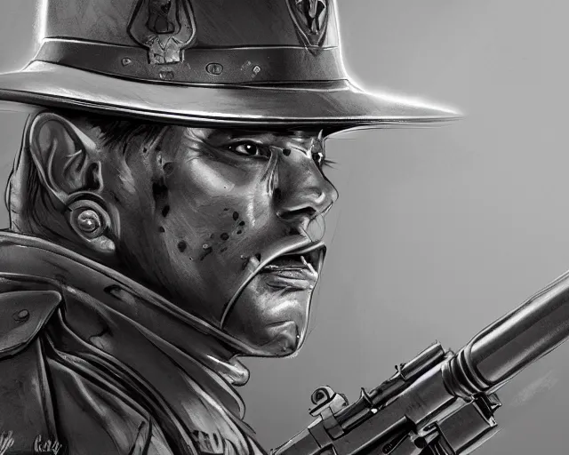 Image similar to A soldier aiming a gun with a hateful face, world war 1, close-up, realistic face, beautiful face detail, mature facial features, black and white, amazing digital art, hyper detailed, artstation, in the style of Tony Sart