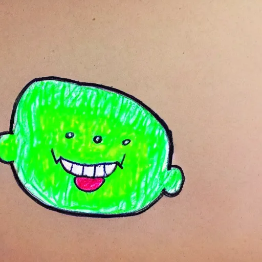 Prompt: a children's drawing of a smiling happy broccoli, he is dancing, vivid bright colors, color pencils are scattered around on the paper