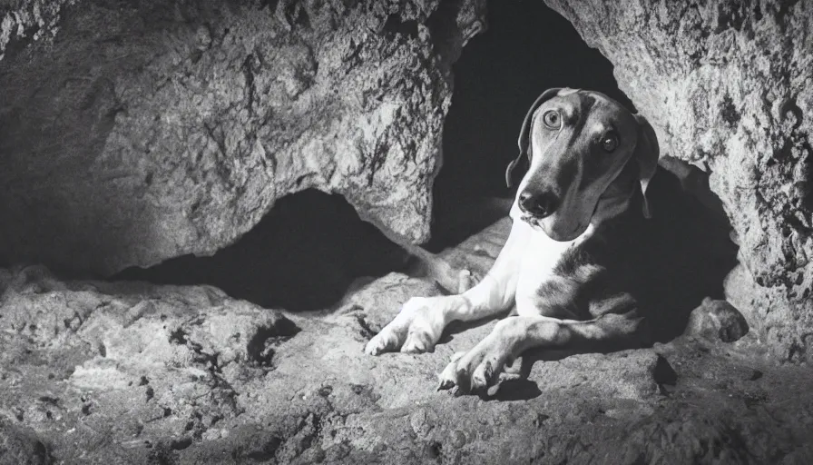 Prompt: a photo of a hound dog, in a dark cave, photography