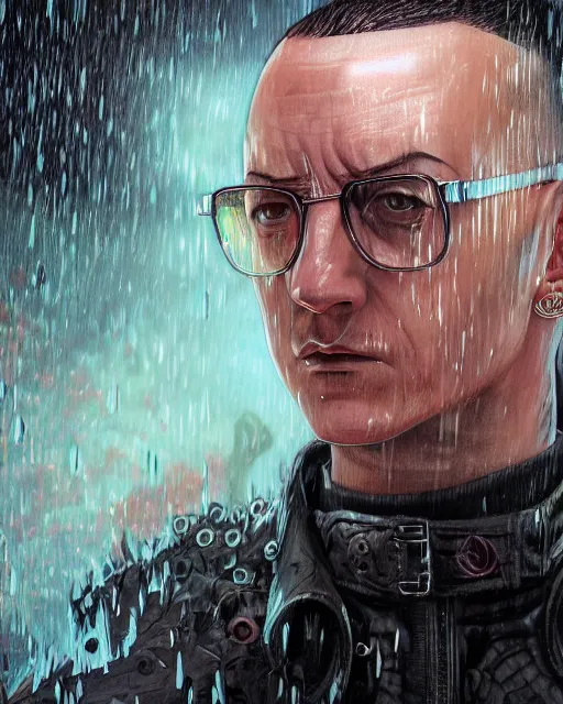 Image similar to An epic fantasy comic book style portrait painting of a very imposing Chester Bennington in the rain , neon reflections, character design by Mark Ryden and Pixar and Hayao Miyazaki, unreal 5, DAZ, hyperrealistic, octane render, cosplay, RPG portrait, dynamic lighting, intricate detail, cinematic