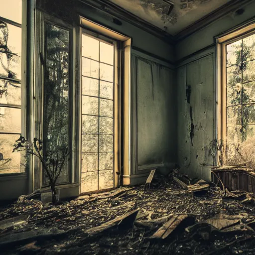 Prompt: abandoned luxury house, cinematic, filmic, photography, vignette, dark, 4 k, 8 k, ultra - hd, moody lighting, in the woods