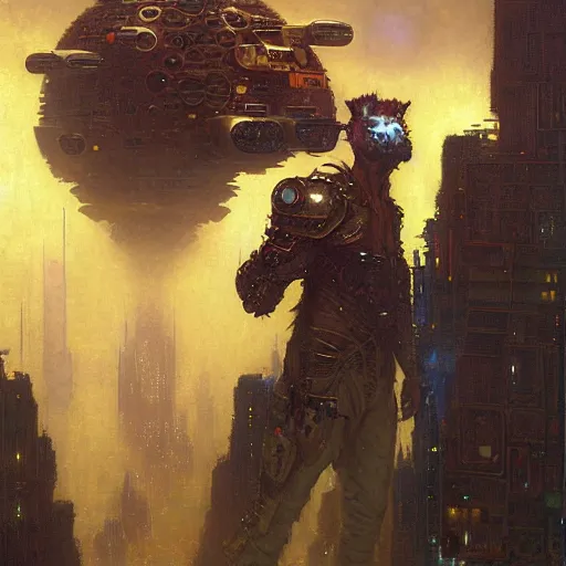 Prompt: portrait german dogman canine nerd neuromancer. spaceship futuristic city. shadowrun cyberpunk fantasy d & d painting by gaston bussiere craig mullins jc leyendecker gustav klimt artgerm greg rutkowski john berkey, bergey, craig mullins, ruan jia, raymond swanland, tom lovell