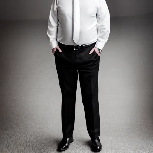 Image similar to clean - shaven chubby white man wearing white dress shirt, necktie, and dress trousers holding a black dress shoe. iq 4, f / 1. 4, iso 2 0 0, 1 / 1 6 0 s, 8 k, raw, dramatic lighting, symmetrical balance, in - frame