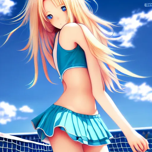 Image similar to a very beautiful young anime tennis girl, full body, long dreadlocks blond hair, sky blue eyes, full round face, short smile, bikini, miniskirt, highly detailed, cinematic wallpaper by stanley artgerm lau