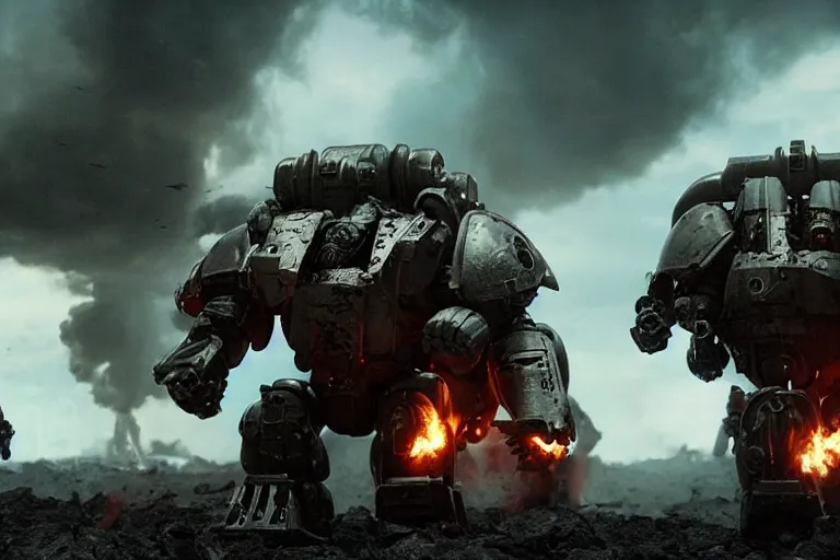 Image similar to VFX movie of futuristic cybernetic beast monsters fighting space marines lunging, war zone, battlefield, debris, fire , natural lighting by Emmanuel Lubezki