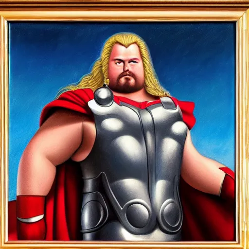 Prompt: Fernando Botero painting of Thor from MCU, high definition art, extremely detailed