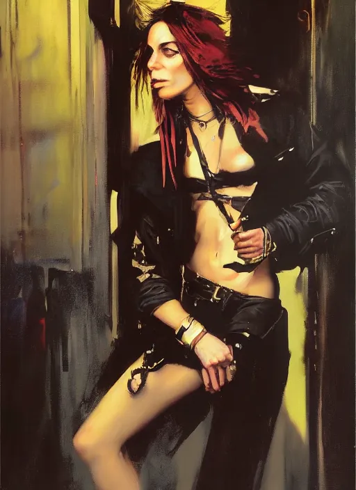 Prompt: androgynous glam rocker outside cbgb in the style of phil hale, sfumato Orientalist portrait by john william waterhouse and James Gurney and Theodore Ralli and Nasreddine Dinet, Syd Mead, Phil Hale, oil on canvas. Cinematic, hyper realism, realistic proportions, dramatic lighting, high detail 4k