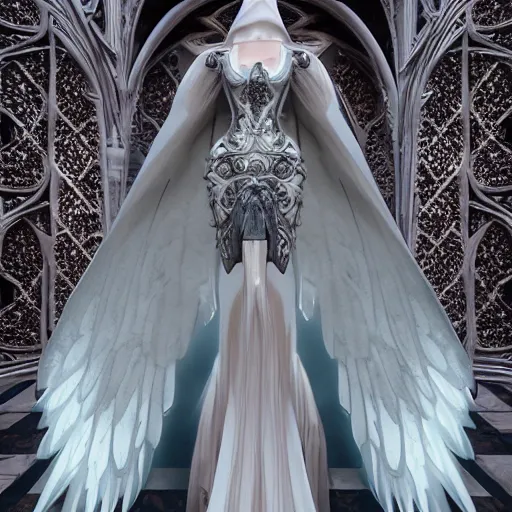 Image similar to tall female angel, wings, shrouded, veiled, ornate cyberpunk armor :: ornate cyberpunk interior, ruins, high arches, cyberpunk cathedral, Cathedral, 8K, trending on artstation, volumetric light, lightrays, smoke, cinematic, atmospheric, octane render, insanely detailed and intricate, hypermaximalist, elegant, ornate, luxury, elite, by James Jean, hyper realistic, super detailed, golden ratio