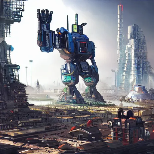 Image similar to a giant robot building a city, futuristic, highly detailed, digital art, artstation, concept art, epic backdrop