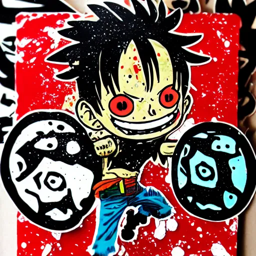 Image similar to die cut sticker, luffy is joyboy, splatter paint on paper