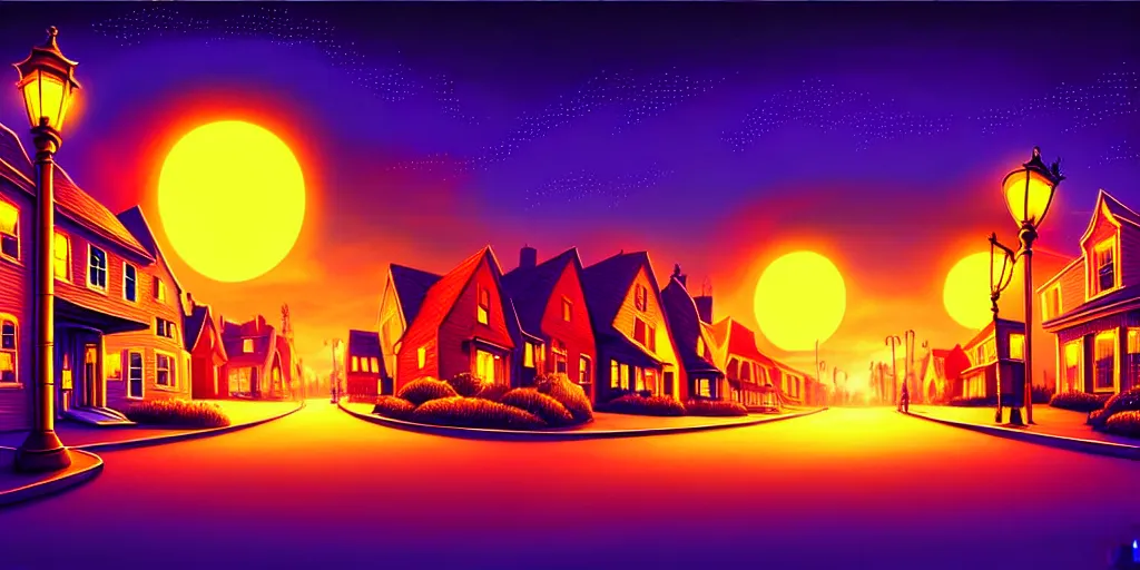 Prompt: curved perspective digital art of a summer night small town street from tim burtons nightmare before christmas by petros afshar