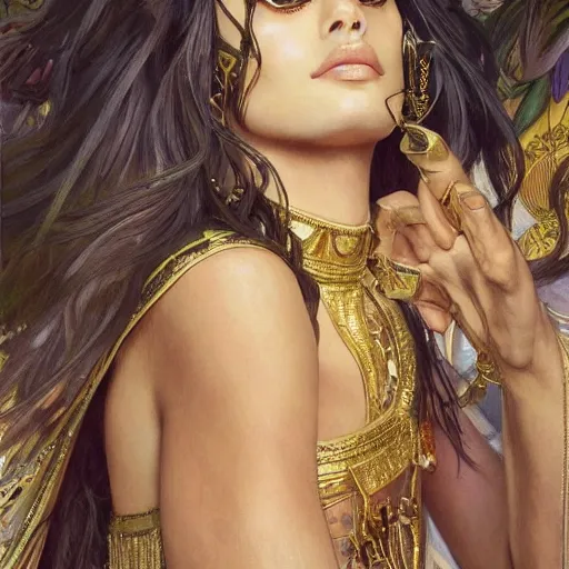 Image similar to Kaia Gerber as Cleopatra, intricate, elegant, highly detailed, digital painting, artstation, concept art, smooth, sharp focus, illustration, art by artgerm and greg rutkowski and alphonse mucha