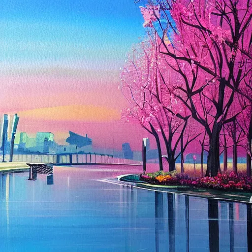 Image similar to Beautiful city of the future in harmony with nature. Nice colour scheme, soft warm colour. Beautiful painting by Lurid. (2022)