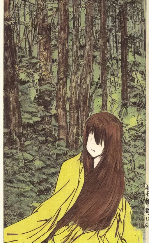 Prompt: by akio watanabe, manga art, medium size boar is curios about girl with brown hair sitting in forest, yellow eyes, weft on clothing, trading card front, kimono, realistic anatomy