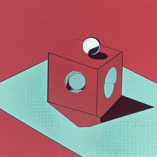 Prompt: chrome spheres on a red cube by patrick nagel