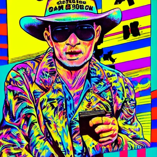 Prompt: Somewhere between Apocalypse Now and The Matrix, Cowboy Curtis on Pee Wee's Playhouse in the 80s, hyperreal intricate lifelike art by Gary Panter and Lisa Frank