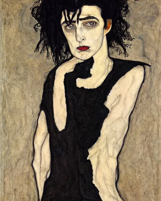 Image similar to A goth portrait painted by Egon Schiele. Her hair is dark brown and cut into a short, messy pixie cut. She has a slightly rounded face, with a pointed chin, large entirely-black eyes, and a small nose. She is wearing a black tank top, a black leather jacket, a black knee-length skirt, a black choker, and black leather boots.