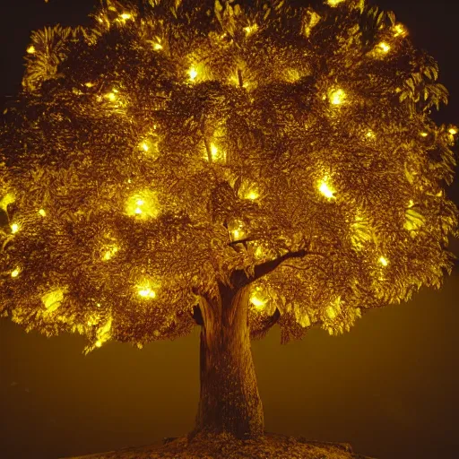 Prompt: tree, night time, glowing golden fruit