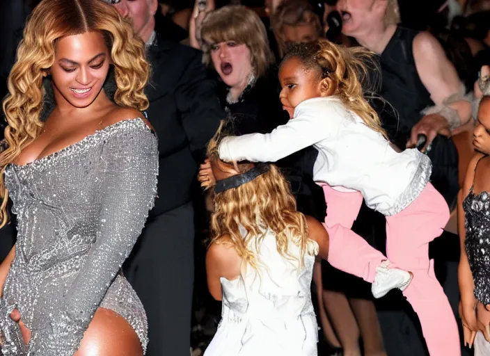 Prompt: a photograph of Beyonce tearing a child in half