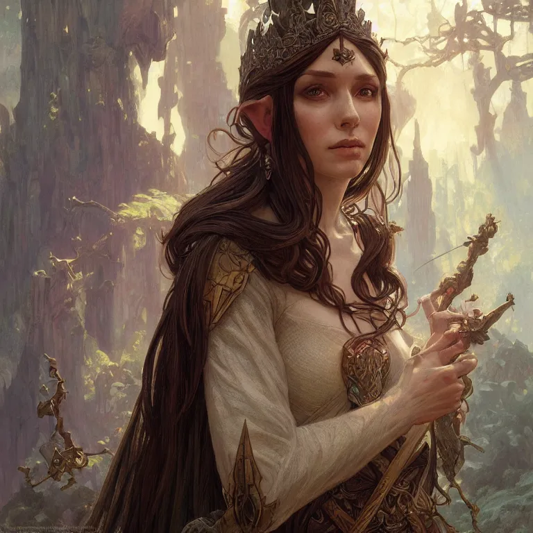 Image similar to portrait of an elf queen, D&D, fantasy, highly detailed, digital painting, artstation, concept art, smooth, sharp focus, illustration, art by greg rutkowski and alphonse mucha and Marta Dahlig