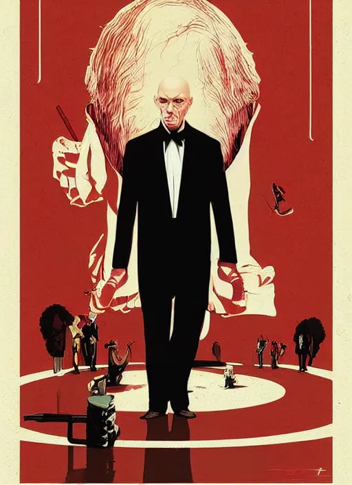 Prompt: poster artwork by Michael Whelan and Tomer Hanuka, Karol Bak John Malkovich is a conductor in tuxedo tails, from scene from Twin Peaks, clean