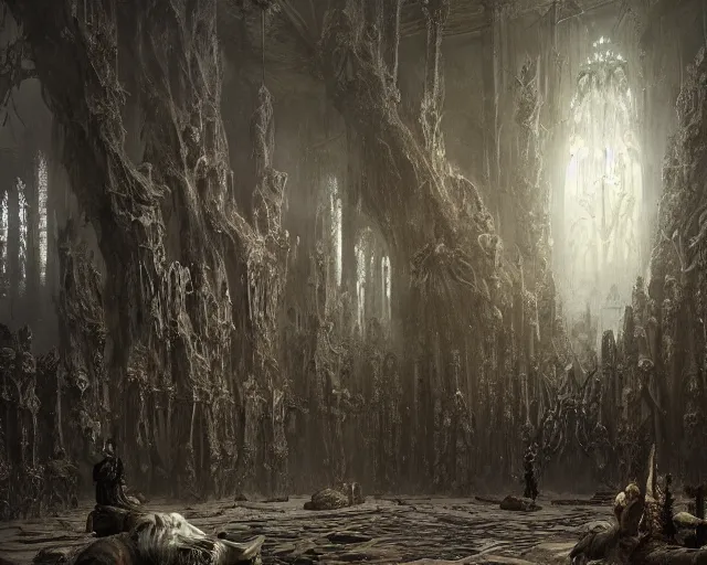 Image similar to king of the wolves - fantasy, inside the king's hall wolves and their treasures, ethereal, ominous, misty, 8 k, by h. r. giger and greg rutkowski