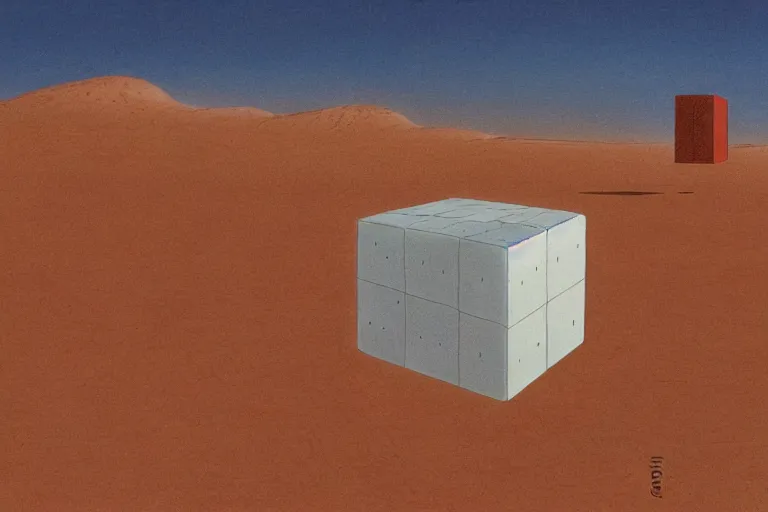 Prompt: giant cube floating above the desert concept sketch by joe johnston and nilo rodis - jamero and ralph mcquarrie and norman reynolds