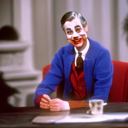 Image similar to stunning awe inspiring mr. rogers as the joker, movie still 8 k hdr atmospheric lighting