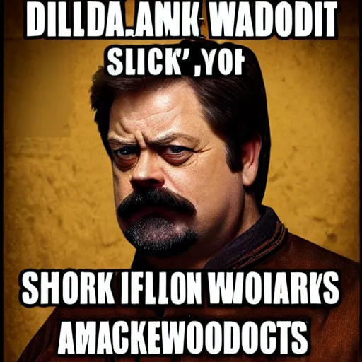 Image similar to ron swanson is a dwarven cleric trying to pick the lock of a wooden door in the side of a warehouse. he is frustrated.