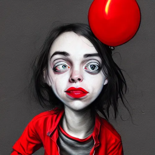 Image similar to surrealism grunge cartoon portrait sketch of billie eilish with a wide smile and a red balloon by - michael karcz, loony toons style, wall-e style, horror theme, detailed, elegant, intricate