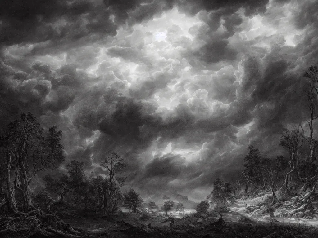 Image similar to detailed landscape, forests. very detailed dark super storm, hyper realistic clouds, impressive, magical, very atmospheric, smoke boiling, cinematic, deep, very high complexity, stunning, masterpiece, chiaroscuro, in the style of caspar david friedrich, very detailed. 4 k