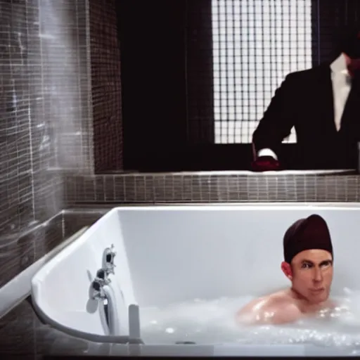 Image similar to photo of hitman agent 4 7 sitting inside a bubble bath