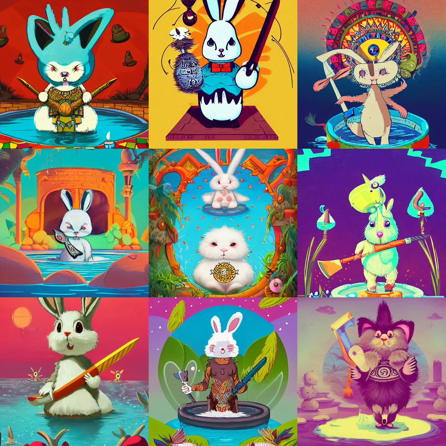 Prompt: a cute fluffy rabbit standing in a pool of water, holding a aztec sacrificial knife, slicing the air. pop surrealism, contemporary art illustration, character concept art,, intricate highly detailed 8 k, artstation, art genevieve gauckler, loomis, chuck jones, gary baseman, sharp focus, juxtapoz magazine illustration aesthetic