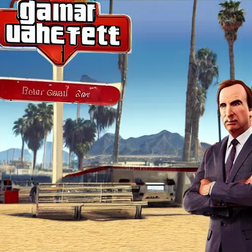 Image similar to Saul Goodman, GTA 5 loading screen, Santa Monica Beach, concept art