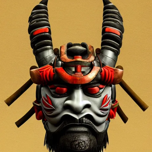 Image similar to portrait of samurai wearing oni mask , 8k, photorealistic, cinematic lighting, HD, high details, dramatic, atmospheric , trending on artstation