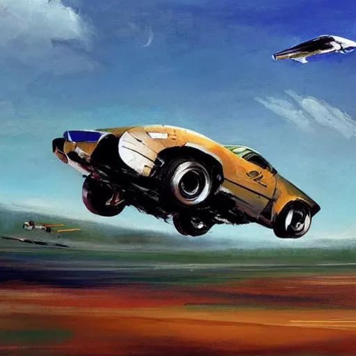 Image similar to minimalist flying car speed concept art oil painting by john berkey , loosely detailed, brush hard