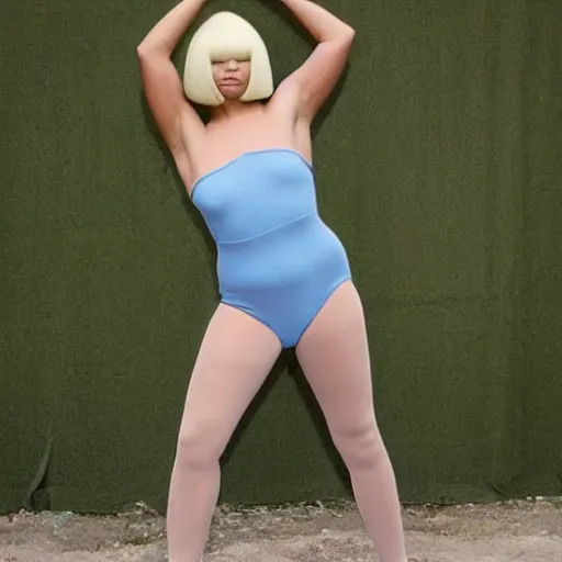 Image similar to sia furler wearing a skin colored leotard full body artistic photoshoot