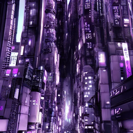 Image similar to Futuristic Concrete Dense Tokyo in style of Tsutomu Nihei in purple and black tones. ArtStation, Cyberpunk, vertical symmetry, 8K, Highly Detailed, Intricate, Album Art.