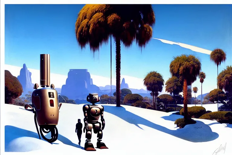 Image similar to natural american landscape | robot greeting another robot | palm trees | snowy mountains, painting by syd mead and weta studio and james jean, frank frazetta, highly detailed, rule of third, soft lighting, 8 k resolution, oil on canvas, architectural magazine, beautiful detailed, insanely intricate details, artstation trending, hypermaximalistic, high details, cinematic