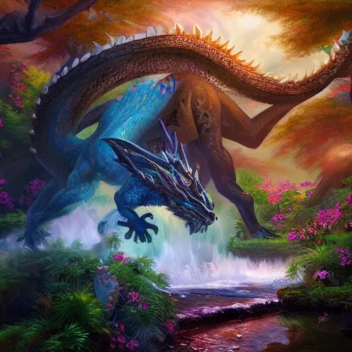 Prompt: highly detailed oil painting of a western dragon emerging from a colorful woodland hotspring, fantasy, featured on artstation