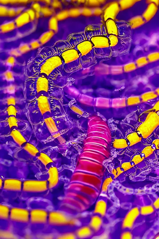 Image similar to high quality close-up photo translucent biomechanic centipede! gorgeous highly detailed hannah yata elson peter cinematic yellow and purple lighting high quality low angle hd 8k sharp shallow depth of field