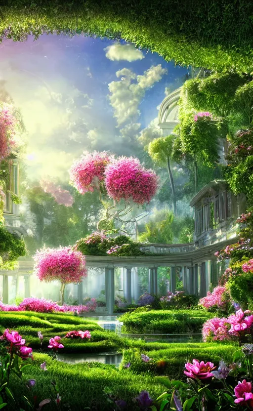 Prompt: highly detailed villa garden natural beautiful light interior soft cinematic composition of a biophilic marble nebula fluid white magnolias surreal scifi architecture colorful romantic minimalist landscape, furniture, trees, grass, bed of flowers, water, vincent callebaut composition, 8 k, unreal engine, hdr