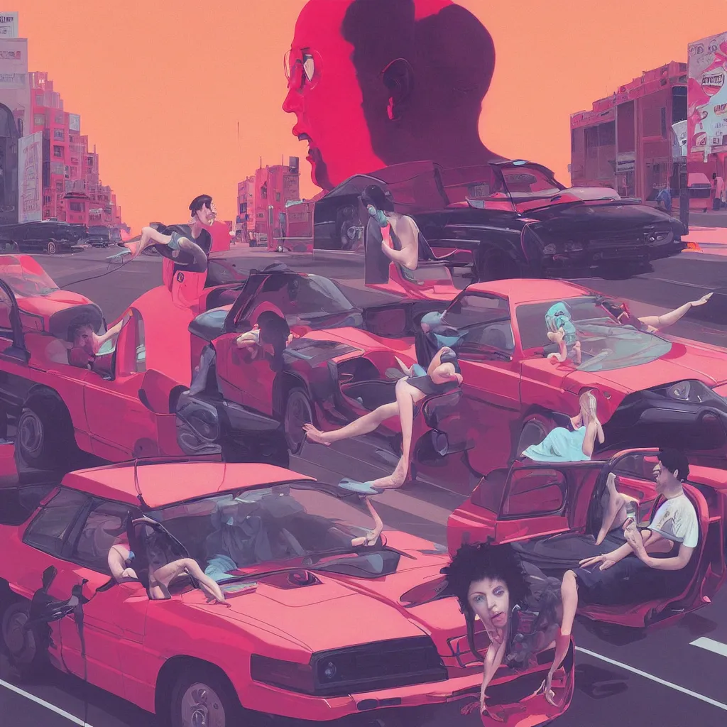 Image similar to weird and disturbing painting of todd solondz driving a car in the streets of tel aviv, vivid colors, neon, art by ( ( ( kuvshinov ilya ) ) ) and wayne barlowe and francis bacon and artgerm and wlop and william - adolphe bouguereau